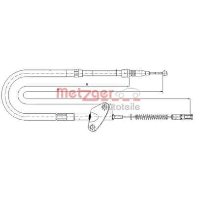 Abbildung von METZGER 10.9872 Handbremsseil hinten links 1845/1028 Trommelbremse COFLE MERCEDES BENZ: T1 Pritsche/Fahrgestell, Bus, Kastenwagen