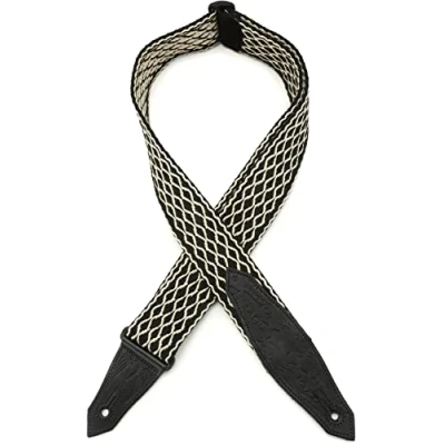Abbildung von Levy&#039;s Leathers MSSC80 BLK/WHT Gitarrengurt mit kontrastierendem gewebtem Rand, Lederenden im Cowboystiefel Design, 5,1 cm, Schwarz/Weiß