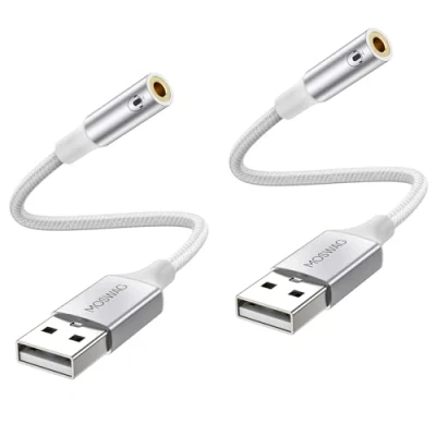 Abbildung von MOSWAG USB auf 3,5 mm Klinken Audioadapter (2er Pack), Aux Kabel mit 4 poligem TRRS Mikrofon Unterstützt Kopfh?rer Integrierter Chip Externe Soundkarte für PC PS4 PS5 und mehr