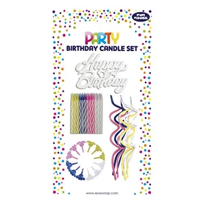 Abbildung von Eurowrap Clairefontaine 12642 GC Set mit 16 Kerzen 6 cm hoch gedreht (+ 12 Kerzenhalter) + 8 13 verdreht sortierte Farben Deko &#039;&#039;Happy Birthday&#039;&#039;, 1 Set, Weiß