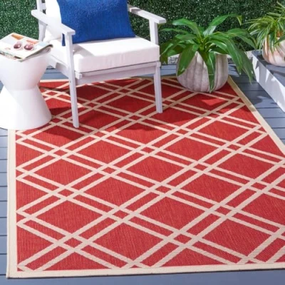 Abbildung von SAFAVIEH Geometrisch Teppich für Wohnzimmer, Esszimmer, Schlafzimmer Wasserdicht Courtyard Collection, Kurzer Flor, Rot und Knochen, 201 X 290 cm