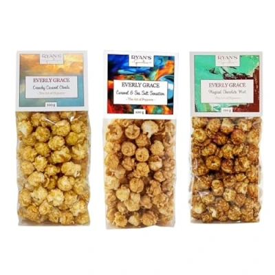 Abbildung von Everly Grace Popcorn Spring Bundle Caramel&amp;Sea Salt Sensation, Crunchy Caramel Clouds, Magical Chocolate Mint, je 100 g Tüten aus unserer Manufaktur in Augsburg, Deutschland