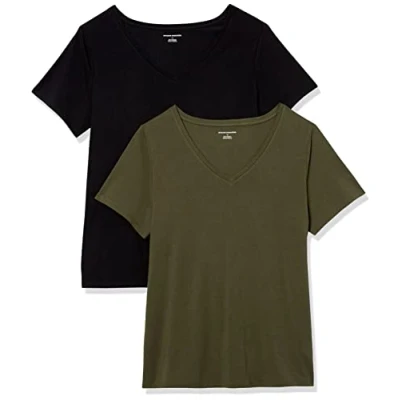 Abbildung von Amazon Essentials Damen T Shirt mit V Ausschnitt und kurzen Ärmeln in Übergröße, 2er Pack, Schwarz/Olivgrün, 4XL Große Größen