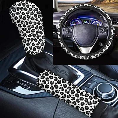 Abbildung von TOADDMOS Grauer Leoparden Lenkradbezug Set, langlebige Schaltknaufabdeckung + Handbremsenabdeckung, 3 Stück Universal Auto Innendekoration Protektoren für Frauen