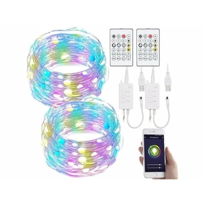 Abbildung von Luminea Home Control WiFi LED Lichterkette: 2er RGB Lichterdraht mit Musik Steueurung, WLAN und App, USB, 10 m (WiFi Lichterkette, Timer, Solar Schlauch)