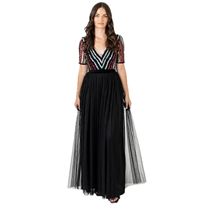Abbildung von Maya Deluxe Damen Maxi Womens Dress Ladies Ball Gown Wedding Guest Long V Neck Empire Waist Short Slee Formales Kleid, Schwarz, 42 EU