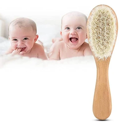 Abbildung von Babyhaar Haarbürste, Babybürste Naturhaarbürste Ziegenhaar Baby Infant Kopfmassage Pflegen Kamm mit Holzgriff
