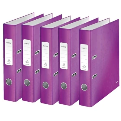 Abbildung von Leitz Qualitäts Ordner 180, 5er Pack, A4, schmal, 5,2 cm Rückenbreite, laminierte Graupappe, Violett, WOW Serie, Design kann variieren, 10064062