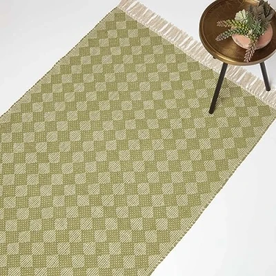 Abbildung von Homescapes Lima Teppich grün mit Rauten Muster 120x170 cm, Fransen handgewebt, Struktur Baumwolle