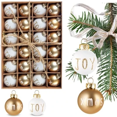 Abbildung von BRUBAKER 24 teiliges Set Weihnachtskugeln Joy &amp; Xmas 3 cm Mini Christbaumkugeln für Weihnachtsbaum Handbemalter Christbaumschmuck Kugeln Bruchsichere Weihnachtsbaumkugeln Gold und Weiß