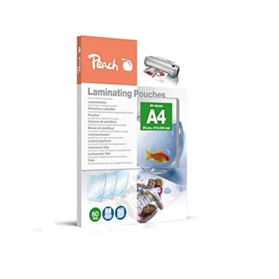 Abbildung von Peach Laminierfolien A4 60 mic 25 pouches glänzend Premiumqualität für beste Laminierergebnisse kompatibel mit Geräten aller Markenhersteller PPR060 02