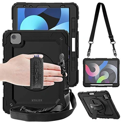 Abbildung von TECHGEAR Utility Hülle für iPad Air 5 2022, 4 2020 (9. 8. Generation, 2022/2020) Robust strong Stoßfeste Schutzhülle mit 360 Grad Schwenkständer, Hand Schultergurt Eingebaut Bildschirm Schwarz