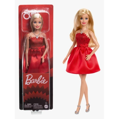 Abbildung von Rubinrote Blonde Barbie Party Modepuppe zum 80. Jubiläum von Mattel in einem roten Kleid mit silbernen Schuhen und Halskette, Sammelspielzeug, JGD25