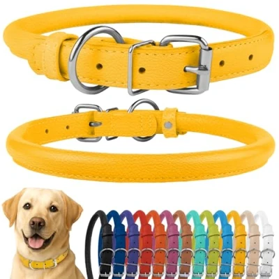Abbildung von CollarDirect Rundes Leder Hundehalsband, weich gepolstert gerollt, handgefertigtes Echtleder Halsband für Hund Welpe Katze Klein Groß Schwarz Rosa Rot Lila Blau