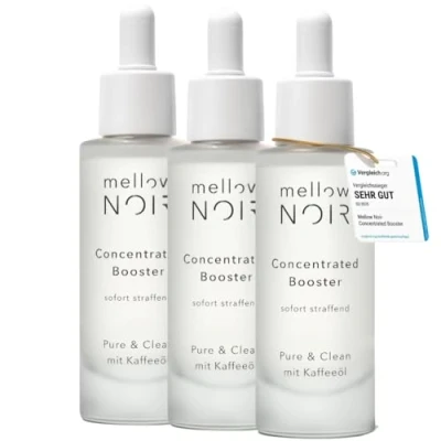 Abbildung von mellow NOIR Concentrated Booster 3x 30ml SOFORT STRAFFEND vegan, Klimabeitrag &amp; clean Hyaluron Gesichtsserum zertifizierte Naturkosmetik Augenserum Serum zur Augenpflege Gesichtspflege