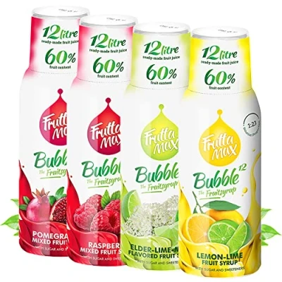 Abbildung von 4 x 500 ml FruttaMax Getränkesirup Frucht sirup Konzentrat Granatapfel Himbeere Zitrone Holunder Minze weniger Zucker mit 60% Fruchtanteil für Soda Maschine geeignet