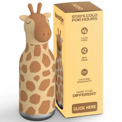 Abbildung von asobu Bestie Bottle Isolierte Edelstahl Wasserflasche mit abnehmbarem weichem Tierkopf, lustiges Trinken für Kinder und Jugendliche, 400 ml, flexiblem, wiederverwendbarem Strohhalm (Giraffe)