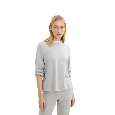 Abbildung von TOM TAILOR Damen 1034134 Sweatshirt mit Rüschenkragen, 30282 Concrete Grey Melange, M