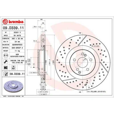 Abbildung von BREMBO 09.D339.11 Bremsscheibe 360 26 5 geschlitzt/gelocht, innenbelüftet beschichtet hochgekohlt mit Schrauben MERCEDES BENZ: GLC Coupe, SUV