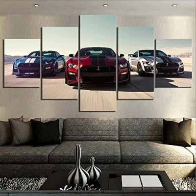 Abbildung von BAIOKAISHUII Wohnkultur Leinwand Malerei hängen Bilder Luxusautos 5 Panel Ford Mustang Shelby Gt500 druckt modulare Wandkunst Poster Schlafzimmer Rahmenlos