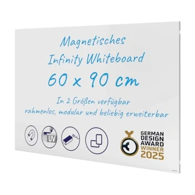 Abbildung von FRANKEN Infinity Whiteboard, Magnetische Schreibtafel ohne Rahmen, 90 x 60 cm, Direktes Zusammenfügen mehrerer Tafeln und Hoch / Querformat möglich, Für Büro &amp; Home Office, Stahl Oberfläche, SCM6102