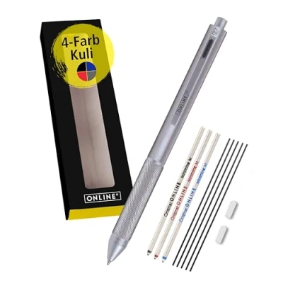 Abbildung von 𝗢𝗡𝗟𝗜𝗡𝗘 Multipen 4 in 1 Silber Kugelschreiber &amp; Bleistift Multifunktionsstift Metall 3x Mine blau,schwarz und rot, 1x Druckbleistift inkl. Radiergummi, Geschenkbox