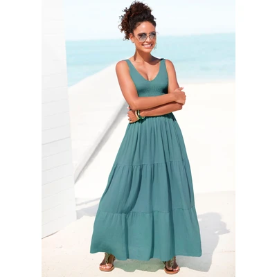 Abbildung von Beachtime Maxikleid, aus gewebter Baumwolle, Sommerkleid mit gestuftem Rock