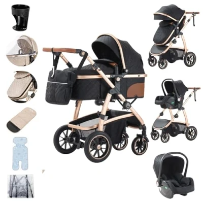 Abbildung von Zkiprm 3 in 1 Kinderwagen mit Autositz, und Kinderwagen, kompakt, tragbar, verstellbare Armlehnen, stoßfest, Rahmen aus Aluminium, Schwarz