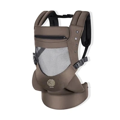 Abbildung von Babytrage ergonomische für Neugeborene 3D Mesh super ergonomisch 4 Positionen mit verstellbarer Kapuze von Monaten bis 18 kg (braun)