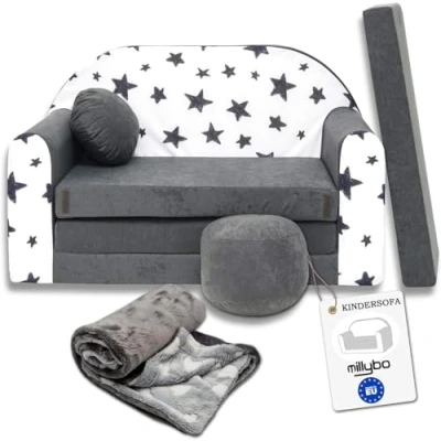 Abbildung von millybo Kindersofa Kinder Couch mit Schlaffunktion ausklappbar 3in1 Sofa Spielsofa Bettfunktion Mädchen Jungen Sitzsack Minisofa Schlafsofa Kinderzimmer Schlafsessel Grau AC1