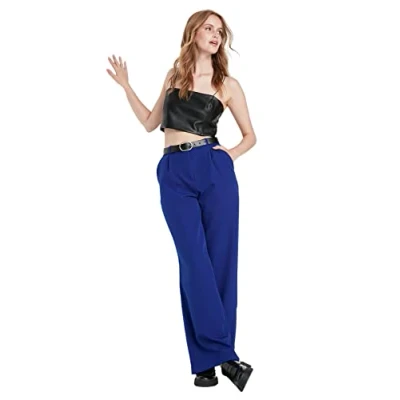 Abbildung von TRENDYOL Damen Herren Basic Hoher Bund Wide Leg Hose Pants, Blau, 36