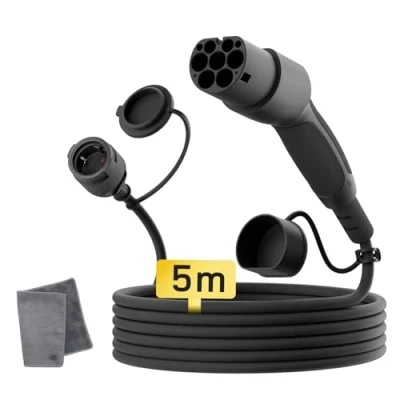 Abbildung von dé Adapter Typ 2 auf Schuko Elektroauto Ladestecker, 16A 5m. Einfaches Laden an Ladestationen/Wallboxen trotz Verwendung von 230V Ladegeräten für E Bike, Scooter, Motorrad. IP55 Nicht V2L