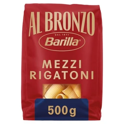 Abbildung von Barilla Pasta Al Bronzo Mezzi Rigatoni 1x500g I aus Bronze Formen, Saucenhaftung auf die italienische Art, 100 Prozent hochwertiger Hartweizen