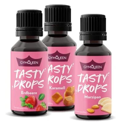 Abbildung von GymQueen Tasty Drops, 3x30ml, Erdbeer, Karamell, Marzipan, Flavour Drops ohne Kalorien