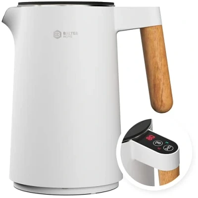 Abbildung von BALTER Edelstahl Wasserkocher mit Temperatureinstellung, 45C 100C, Doppelwand, BPA frei, leise &amp; kabellos, Warmhaltefunktion, Teekocher Temperaturanzeige, 1.5L, 2200W, Weiss