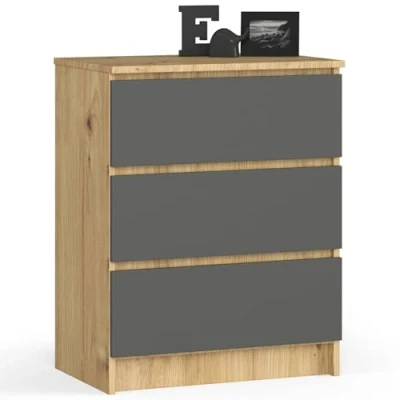 Abbildung von AKORD Kommode K60 mit 3 Schubladen für das Wohnzimmer Schlafzimmer Schrank Büro Arbeitszimmer Modernes Funktionales Design B60 x H77 T40 cm, Gewicht 25 kgHandwerkliche Eiche