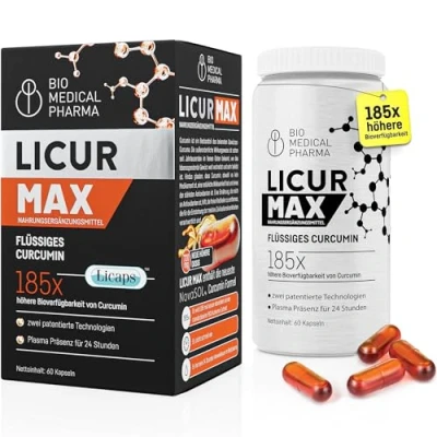 Abbildung von Kurkuma Kapseln hochdosiert 185x Höhere Bioverfügbarkeit Hochdosiertes Mizellen Curcumin 1 Vegane Kapsel täglich Entspricht 6.600 mg Pulver Licur Max (2 Monatspackung)