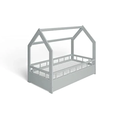 Abbildung von ms factory Hausbett Kinderbett 70x140 cm mit Rausfallschutz und Lattenrost Einzelbett aus Kiefernholz für Mädchen Junge Grau