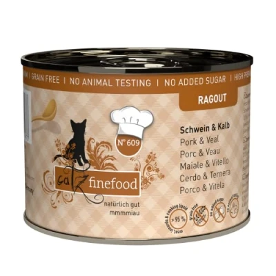 Abbildung von catz finefood Ragout N 609 Schwein &amp; Kalb Katzenfutter nass Feinkost Nassfutter für Katzen in Sauce ohne Getreide und Zucker mit hohem Fleischanteil, 6 x 190 g Dose