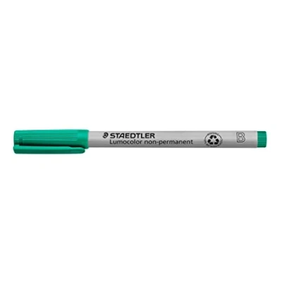 Abbildung von STAEDTLER Universalstift Lumocolor non permanent, grün, breite Keilspitze ca. 1,0 2,5 mm, feucht abwischbar, für fast alle Oberflächen, 10 grüne Folienstifte im Kartonetui, 312 5