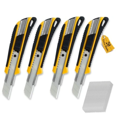Abbildung von CCLIFE 4 Stück Cuttermesser Set 18mm mit 20 Ersatzklingen Abbrechklingen Kartonmesser Mehrzweck Messer Allzweckmesser Teppichmesser Sicherheitslock