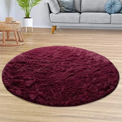 Abbildung von TT Home Teppich Wohnzimmer Hochflor Langflor Weich Soft Modernes Einfarbiges Design, Farbe:Violett, Größe:80 cm Rund