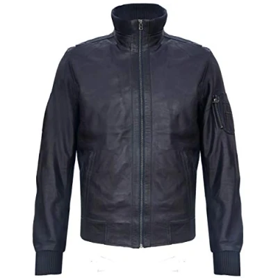 Abbildung von Infinity Leather Männer Nappaleder Navy Blau Schlank Varsity Bomberjacke S