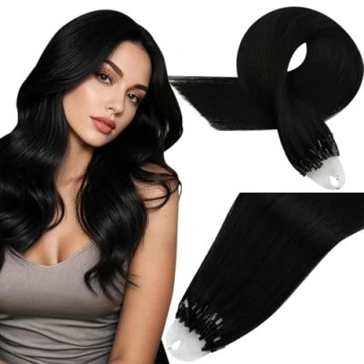 Abbildung von Easyouth Microring Extensions Schwarz Echthaar Micro Ring Haarverlängerung Remy Beads Haar Farbe Pechschwarz 18 Zoll 50g #1