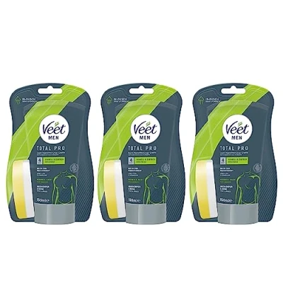 Abbildung von Veet Men Dusch Haarentfernungscreme 3er Pack für Oberkörper &amp; Beine Enthaarungscreme Männer, normale Haut 3 x 150 ml inkl. Schwamm