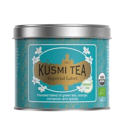 Abbildung von Kusmi Tea Imperial Label Grüner Tee Bio Mischung aus grünem Chun Mee, Zimt, Kardamom, Orangenschalen und Süßholz 100 g Metalldose für etwa 50 Tassen