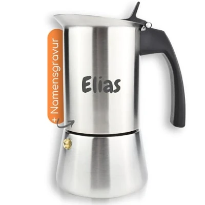 Abbildung von Milu® Espressokocher mit Gravur personalisiert als Geschenk Idee Ostern Einweihungsgeschenk Muttertag Rente Mitarbeiter Weihnachten Geburtstag Frauen Männer Mama (Schwarz, 4 Tassen (200ml) + Gravur)