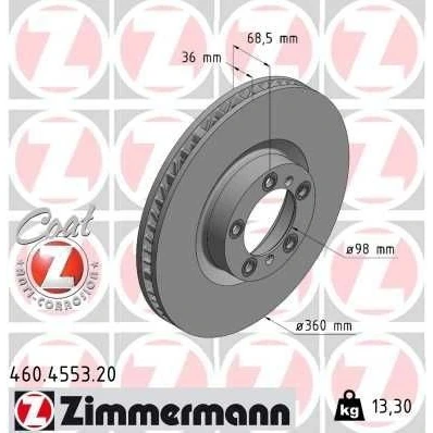 Abbildung von ZIMMERMANN 460.4553.20 Bremsscheibe 360 36 7/5 5 130 innenbelüftet beschichtet hochgekohlt