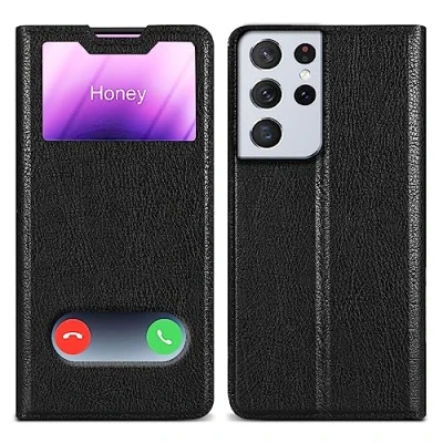 Abbildung von Cadorabo Hülle kompatibel mit Samsung Galaxy S21 Ultra in KOMETEN SCHWARZ Schutzhülle Magnetverschluss, Standfunktion und 2 Sichtfenstern