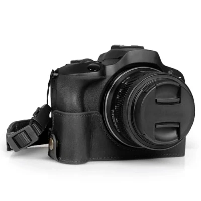 Abbildung von MegaGear Ever Ready Halbkameratasche aus echtem Leder, kompatibel mit Canon EOS R100 (Schwarz)